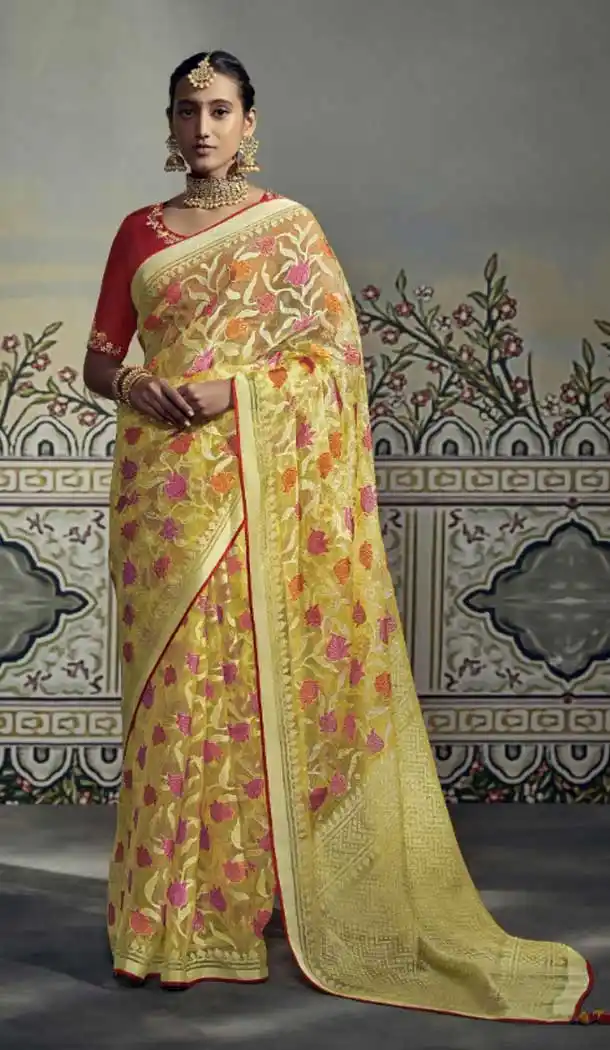 Yellow Color Brasso Embroidery Work Festival Party Wear Saree -5969165983