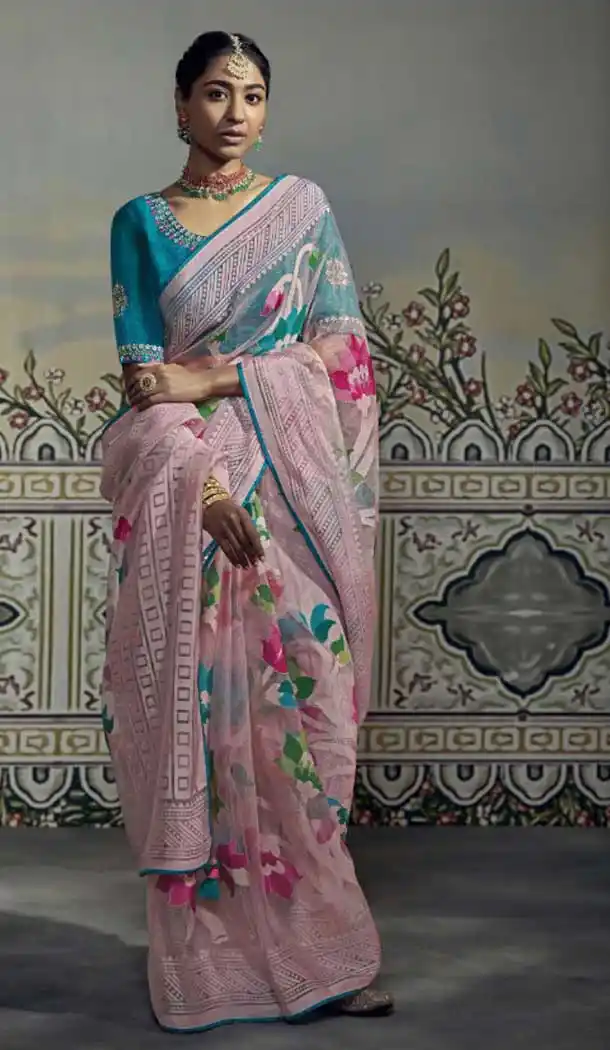 Baby Pink Color Brasso Embroidery Work Festival Party Wear Saree -5969165984