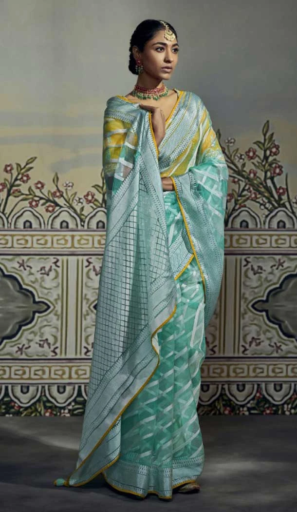 Turquoise Color Brasso Embroidery Work Festival Party Wear Saree -5969165986