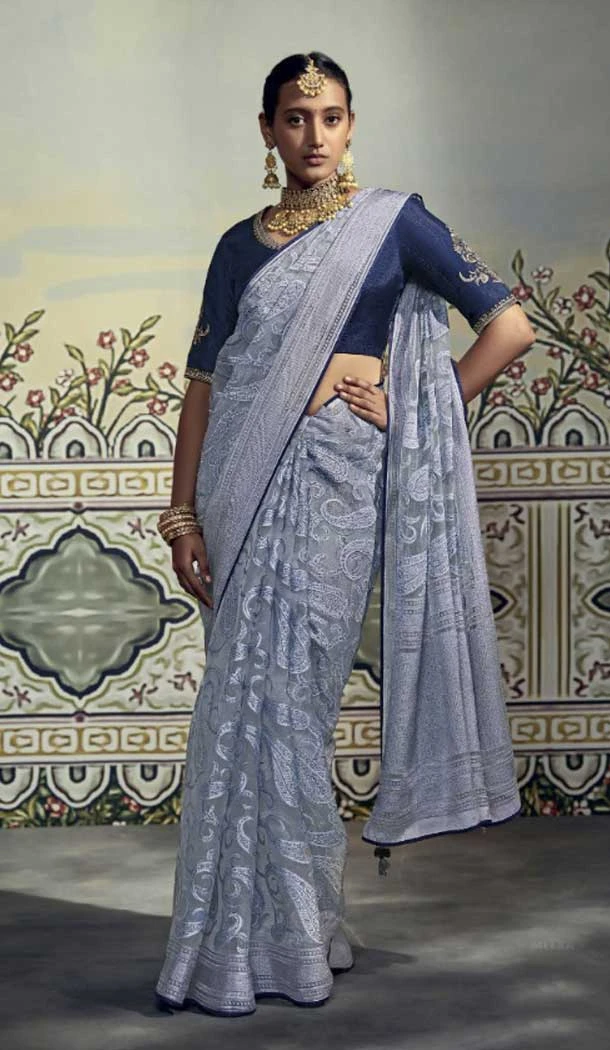 Blue Color Brasso Embroidery Work Festival Party Wear Saree -5969165987