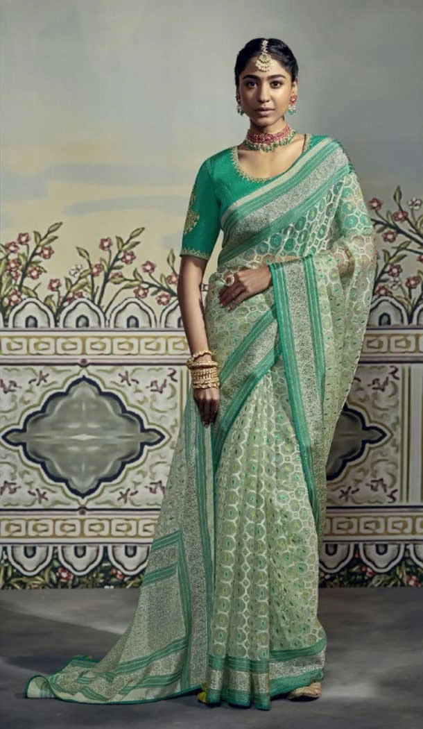 Sea Green Color Brasso Embroidery Work Festival Party Wear Saree -5969165988