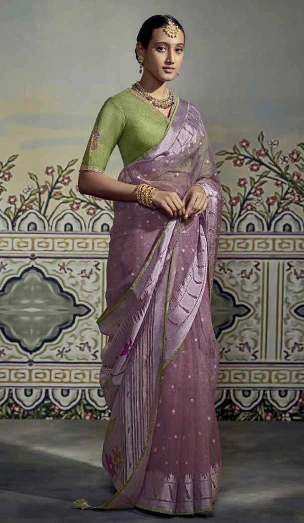 Mauve Color Brasso Embroidery Work Festival Party Wear Saree -5969165989