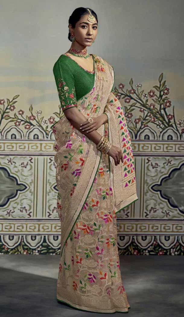 Cream Color Brasso Embroidery Work Festival Party Wear Saree -5969165990