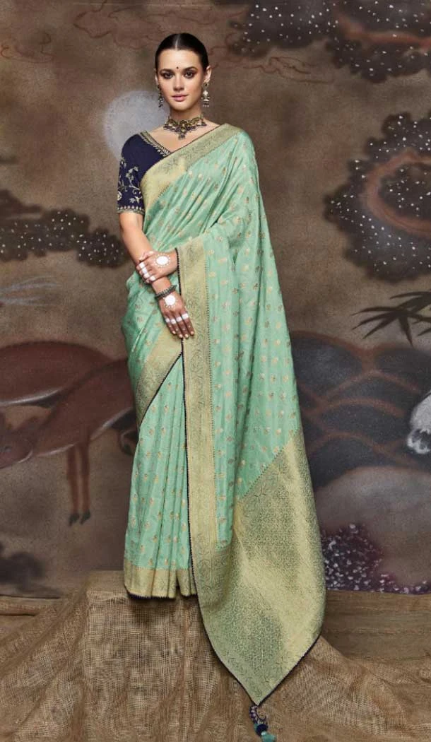 Mint Color Dola Silk Viscose Embroidery Work Designer Wear Saree -5970165991