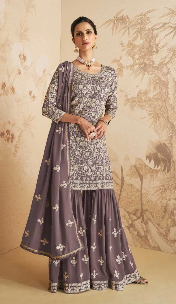Dusty Purple Color Georgette Sequins Work Pakistani Style Sharara Salwar Kameez -5973166012