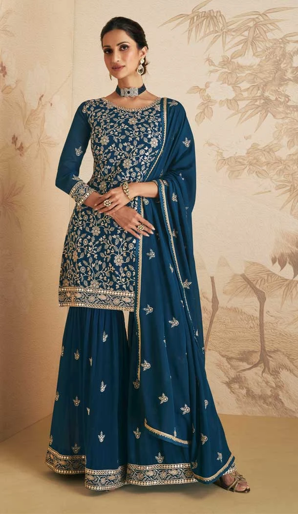 Teal Blue Color Georgette And Chinon Sequins Work Pakistani Style Sharara Salwar Kameez -5973166013
