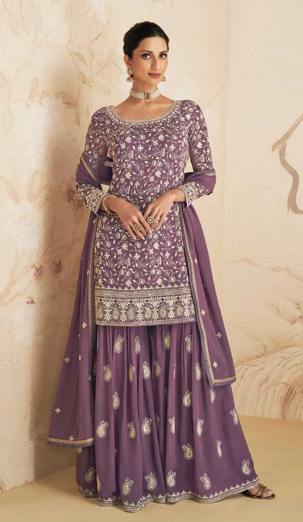 Mauve Color Georgette Sequins Work Pakistani Style Sharara Salwar Kameez -5973166014