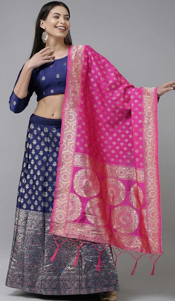 Navy Blue Color Banarasi Silk Jacquard Weaving Work Traditional Wear Lehenga Choli -5976166028
