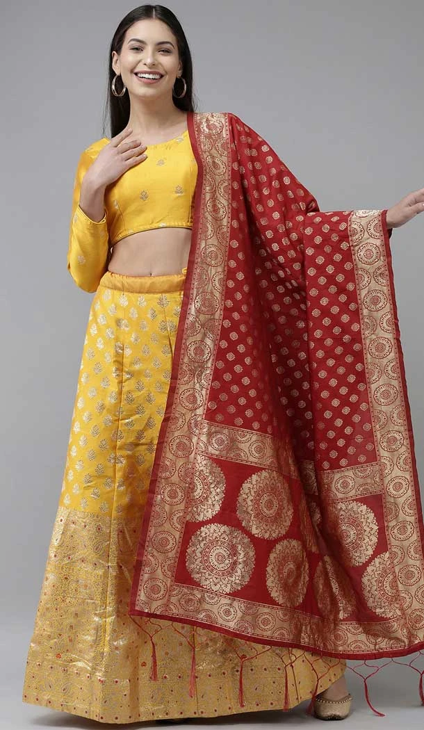 Yellow Color Banarasi Silk Jacquard Weaving Work Traditional Wear Lehenga Choli -5976166030