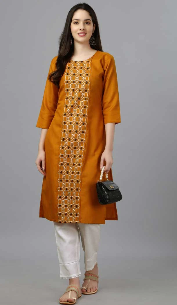 Mustard Color Cotton Magic Slub Resham Work Casual Wear Readymade Kurti -5977166031