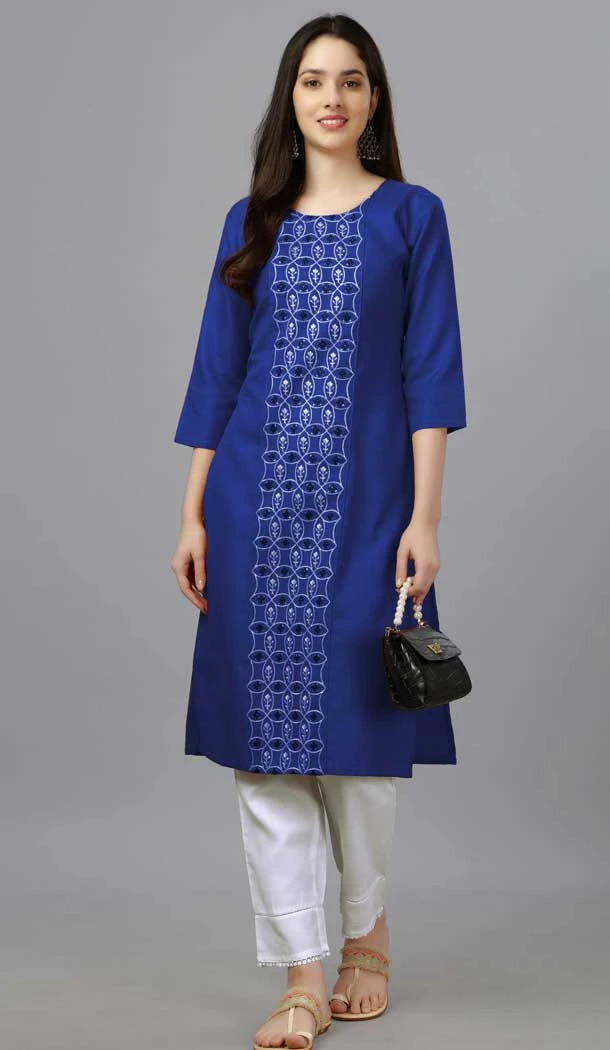 Royal Blue Color Cotton Magic Slub Resham Work Casual Wear Readymade Kurti -5977166032