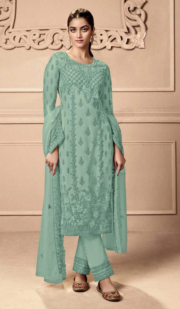 Sea Green Color Net Sequins Work Festival Party Wear Salwar Kameez -5981166053