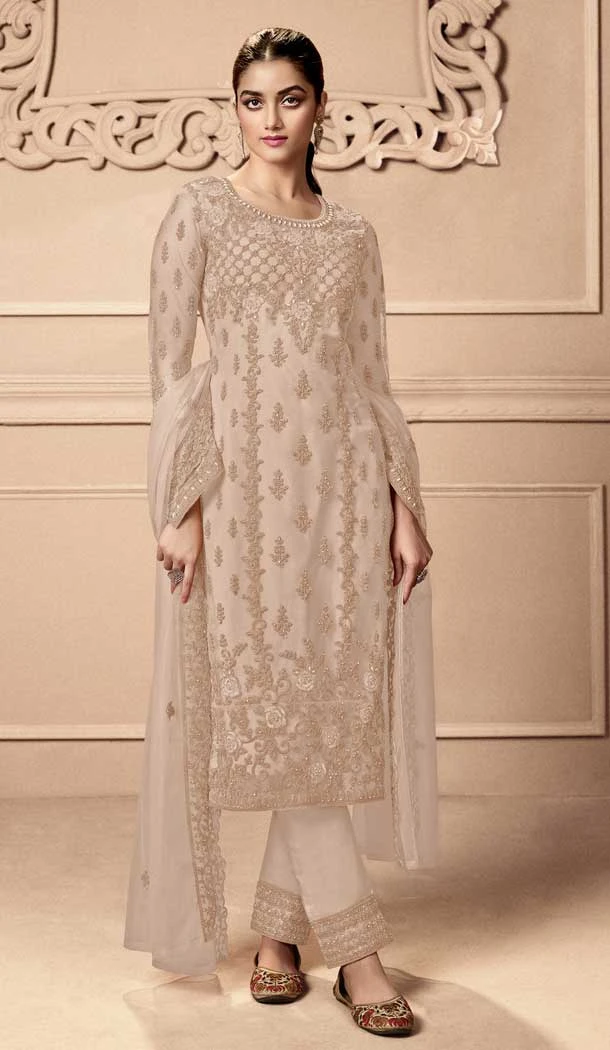 Beige Color Net Sequins Work Festival Party Wear Salwar Kameez -5981166055
