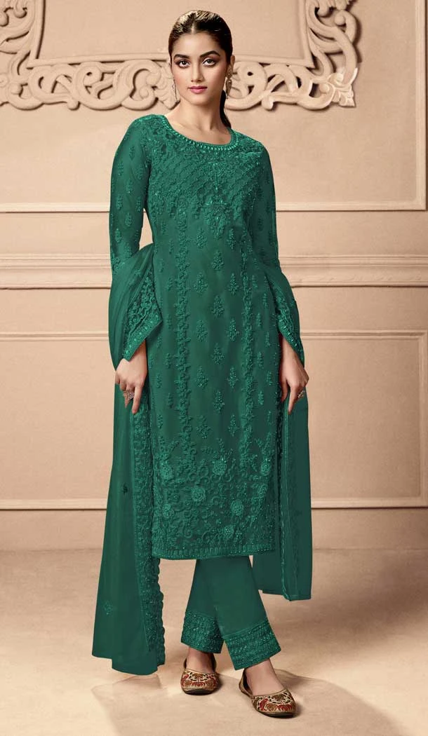 Green Color Net Sequins Work Festival Party Wear Salwar Kameez -5981166059