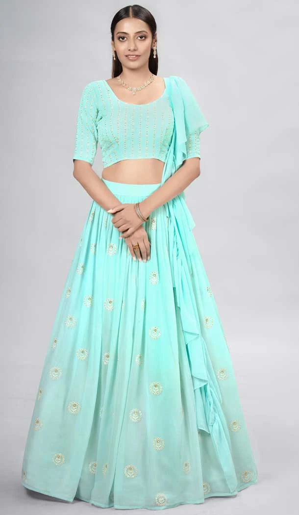 Turquoise Color Georgette Sequence Work Party Wear Lehenga Choli -5985166083