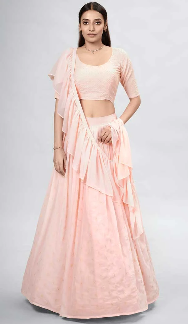 Peach Color Georgette Sequence Work Party Wear Lehenga Choli -5985166084
