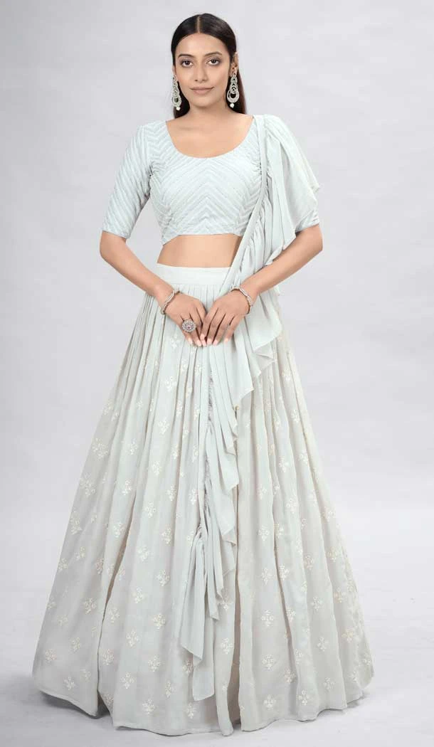 Off White Color Georgette Sequence Work Party Wear Lehenga Choli -5985166089
