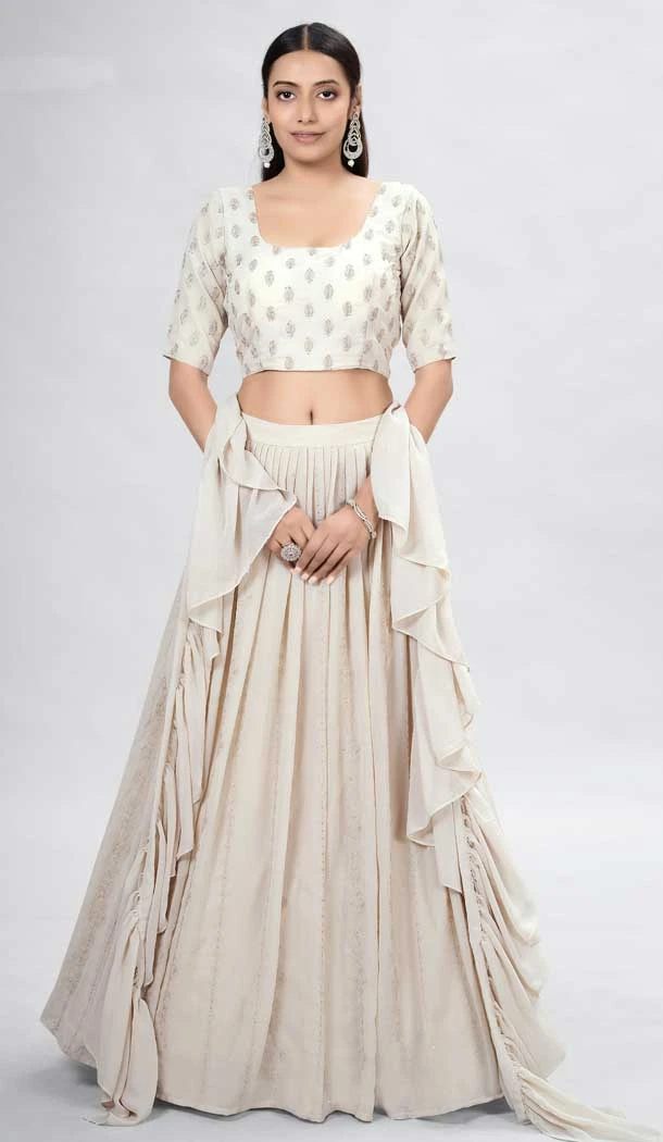 Beige Color Georgette Sequence Work Party Wear Lehenga Choli -5985166090