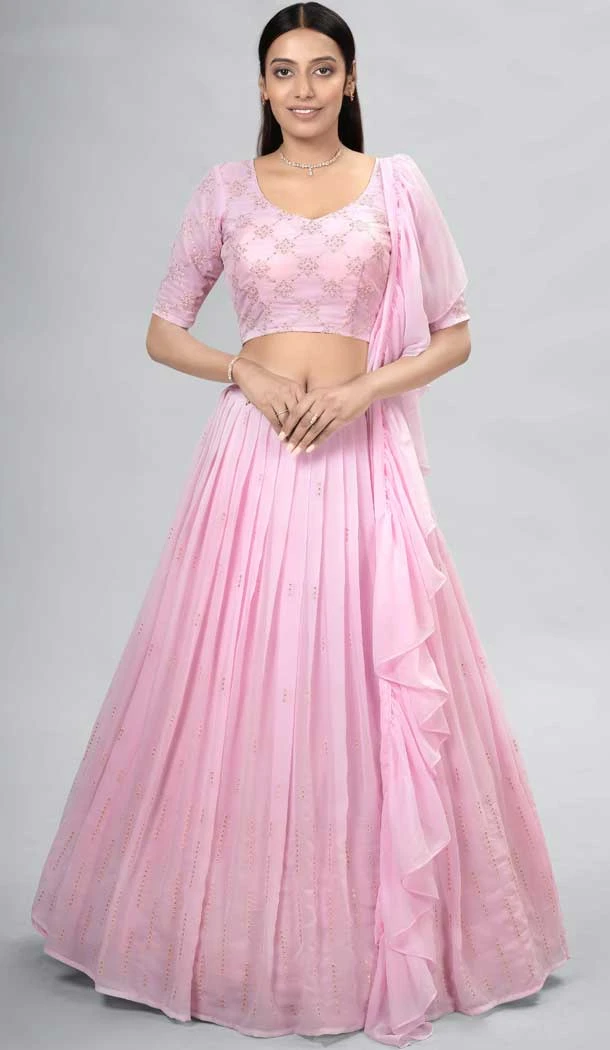 Georgette Baby Pink Color Thread And Sequence Work Party Wear Designer Lehenga Choli -5985166091