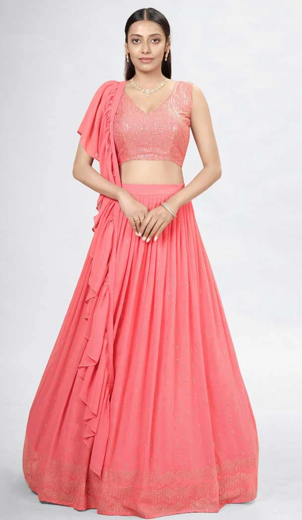 Coral Color Georgette Thread And Sequence Work Function Wear Lehenga Choli -5986166094