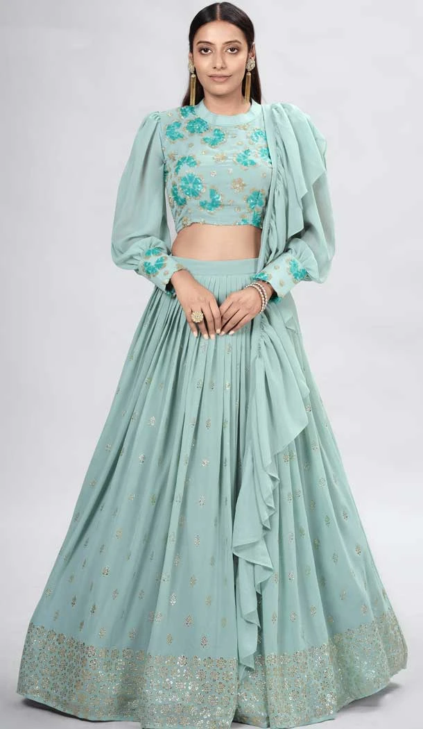 Sea Green Color Georgette Thread And Sequence Work Function Wear Lehenga Choli -5986166095