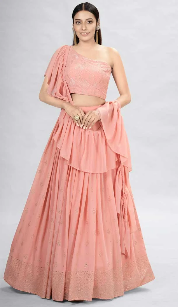 Peach Color Georgette Thread And Sequence Work Function Wear Lehenga Choli -5986166097