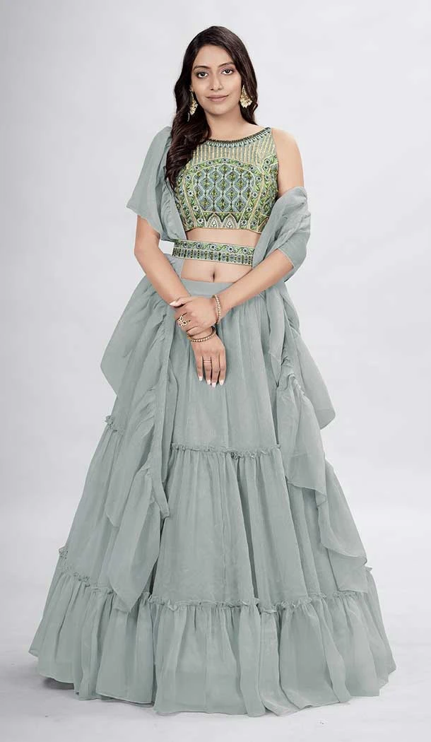 Grey Color Chiffon Hand And Thread Work Party Wear Designer Lehenga Choli -5987166101
