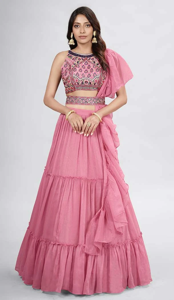 Pink Color Chiffon Hand And Thread Work Party Wear Designer Lehenga Choli -5987166102
