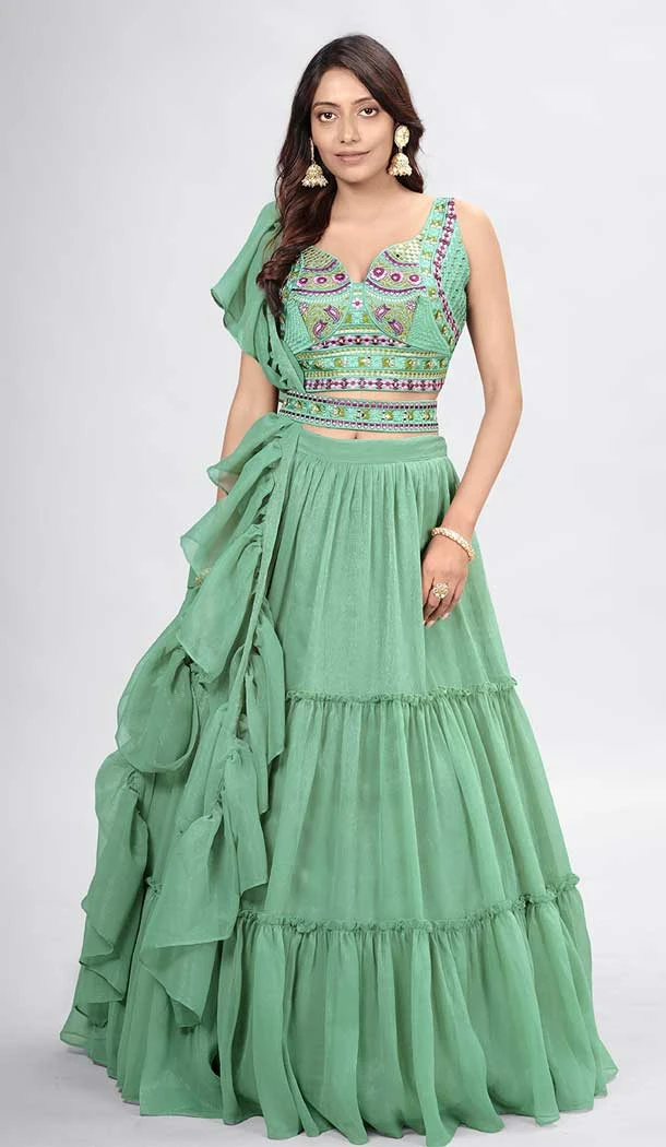 Green Color Chiffon Hand And Thread Work Party Wear Designer Lehenga Choli -5987166103