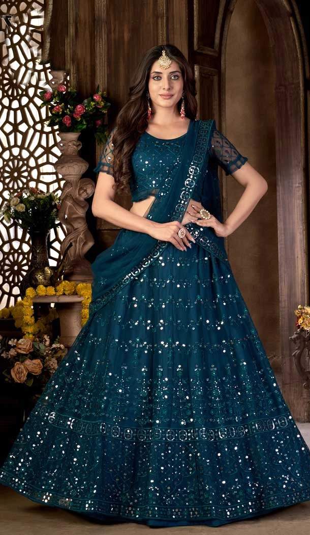 Teal Blue Color Net Embroidered Work Function Wear Designer Lehenga Choli -5988166104