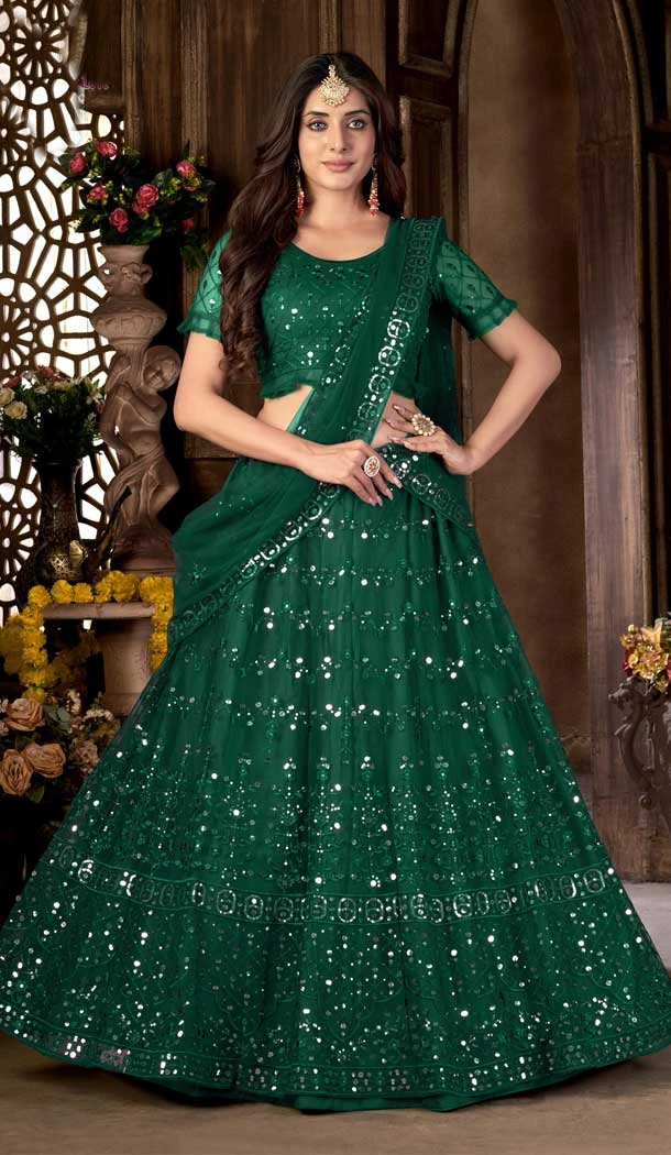 Green Color Net Embroidered Work Function Wear Designer Lehenga Choli -5988166105