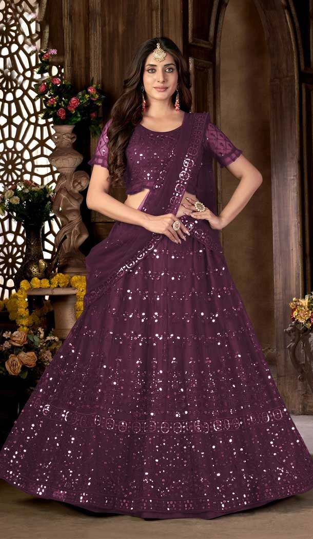 Wine Color Net Embroidered Work Function Wear Designer Lehenga Choli -5988166106