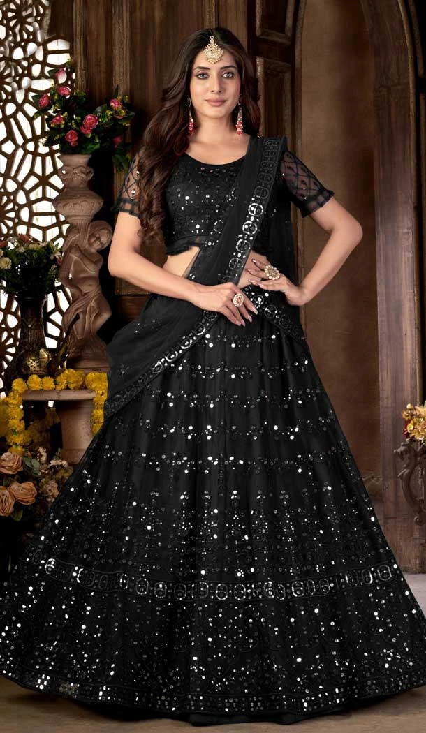 Black Color Net Embroidered Work Function Wear Designer Lehenga Choli -5988166107