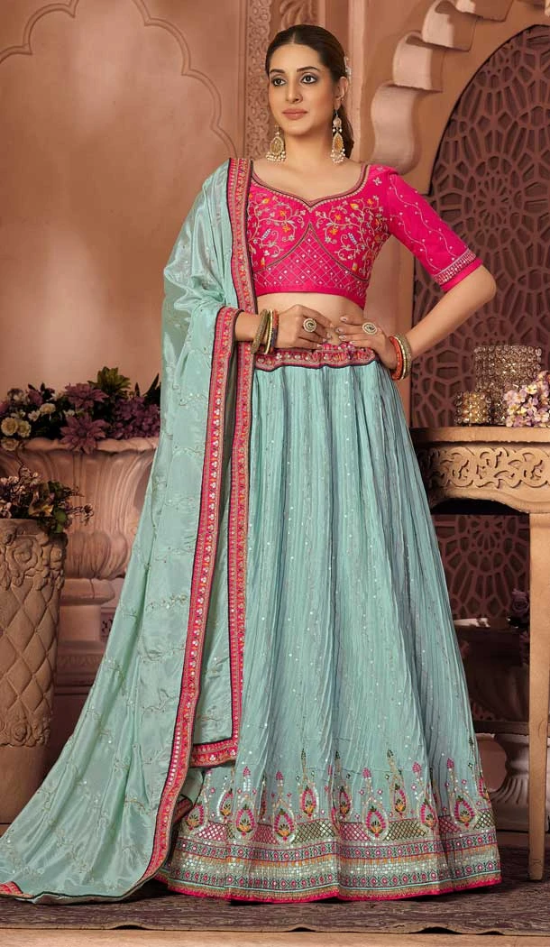 Sky Blue Color Chinon Crushed Sequence Embroidery Work Party Wear Lehenga Choli -5989166108