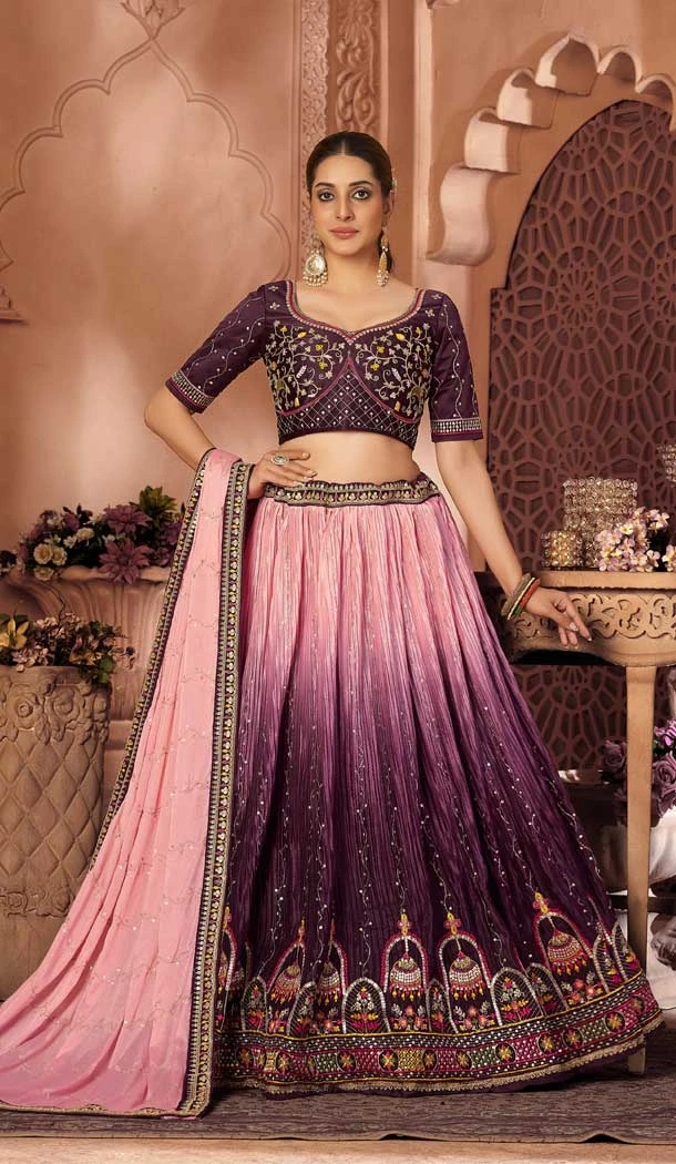 Multi Color Chinon Crushed Sequence Embroidery Work Party Wear Lehenga Choli -5989166109