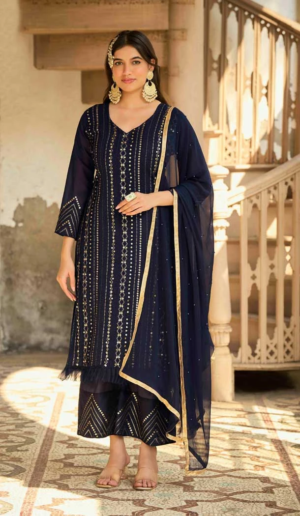 Navy Blue Color Heavy Fox Georgette Embroidery Work Pakistani Style Salwar Suit -5990166112