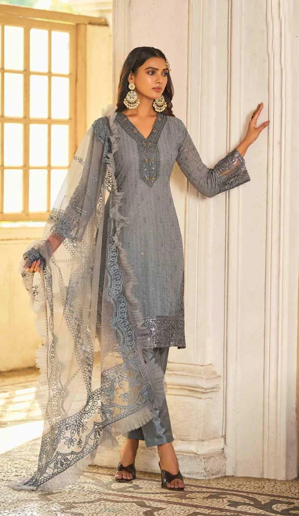 Grey Color Heavy Fox Georgette Embroidery Work Pakistani Style Salwar Suit -5990166114