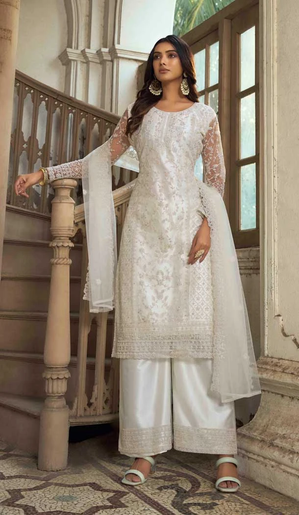 White Color Butterfly Net Embroidery Work Festival Wear Salwar Kameez -5991166116