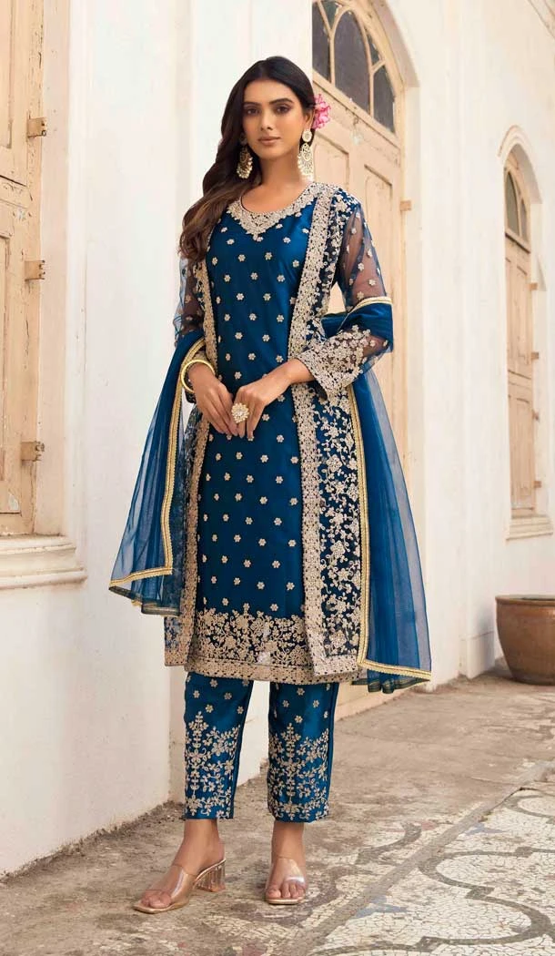 Navy Blue Color Butterfly Net Embroidery Work Festival Wear Salwar Kameez -5991166118