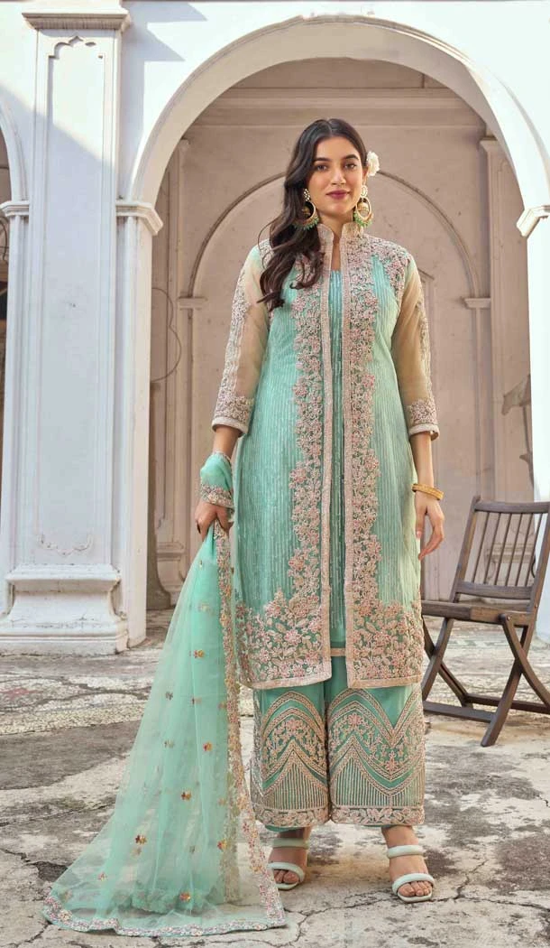 Pista Green Color Heavy Butterfly Net Embroidery Work Festival Wear Salwar Kameez -5991166121