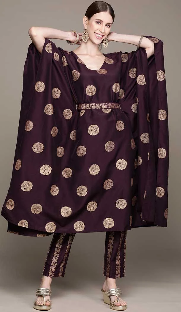 Wine Color Chinon Block Print Work Festival Wear Readymade Kurti With Bottom -5995166157