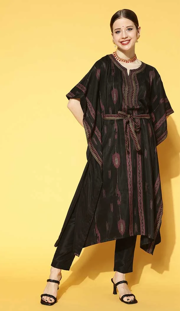 Black Color Chinon Print Work Festival Wear Readymade Kurti With Bottom -5995166158