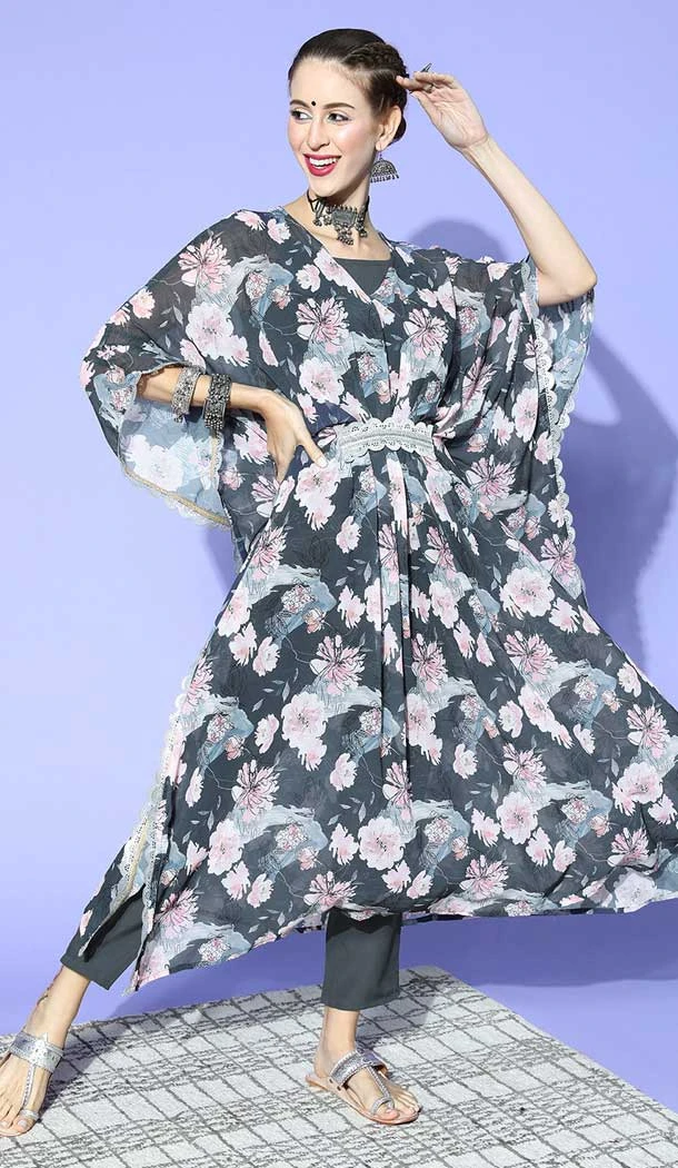 Multi Color Georgette And Crepe Digital Print Work Festival Wear Readymade Kurti With Bottom -5995166159