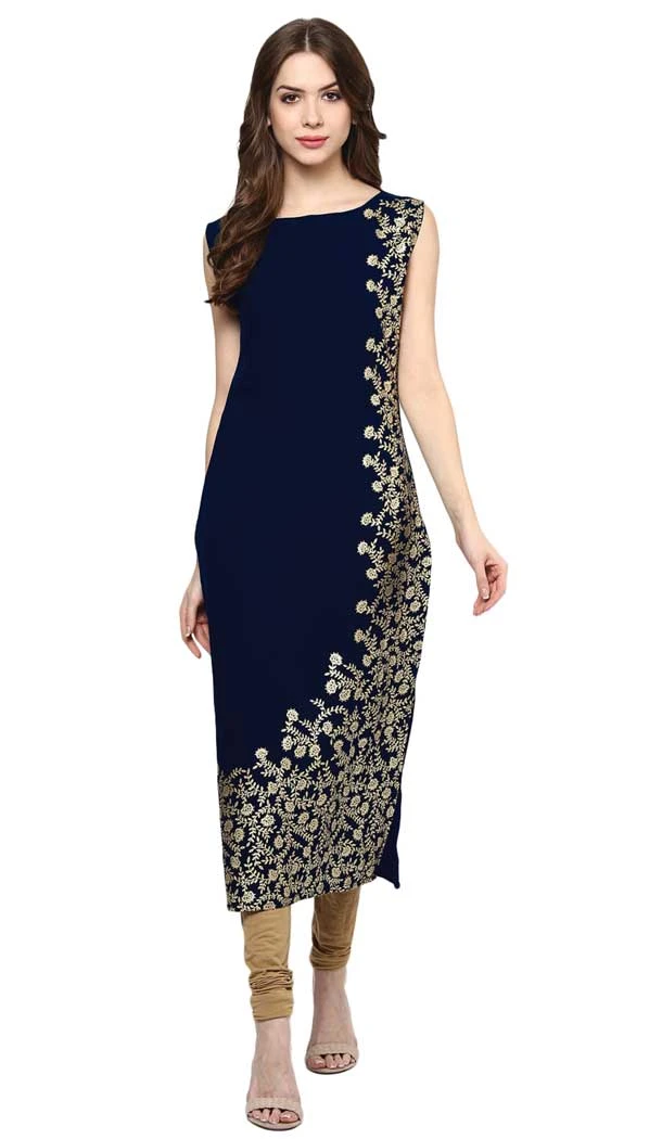Blue Color Crepe Floral And Foil Print Work Casual Wear Readymade Kurti -5996166160