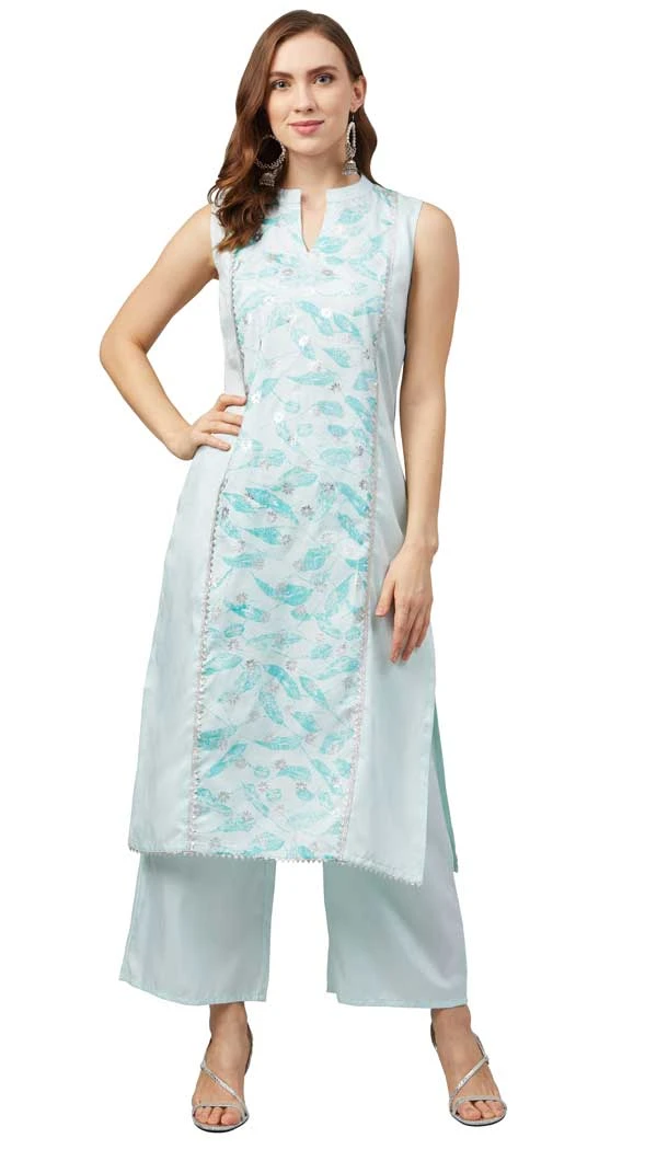 Sky Blue Color Poly Silk Foil Print Work Casual Wear Readymade Kurti -5996166162
