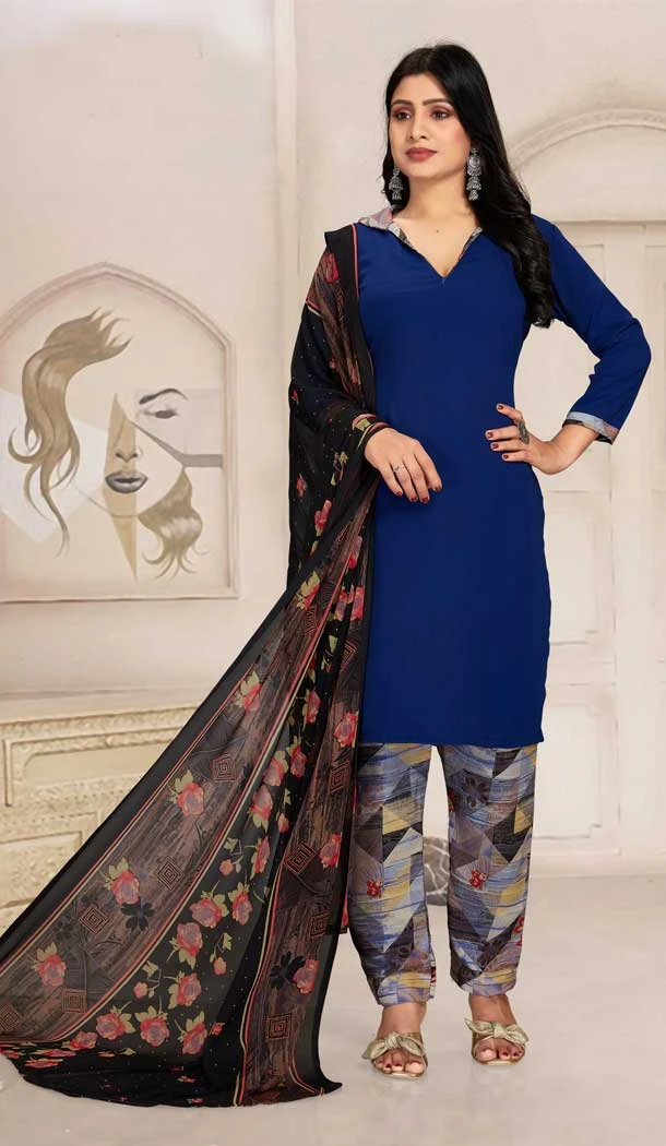 Royal Blue Color Crepe Georgette Floral Print Work Casual Wear Salwar Kameez -6012166300