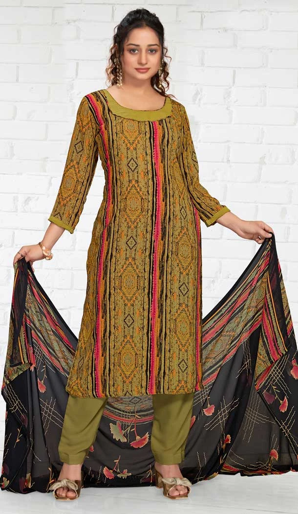 Olive Green Color Crepe Georgette Digital Print Work Casual Wear Salwar Kameez -6013166309
