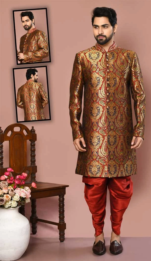Maroon Color Banarasi Silk Stone And Zari Work Wedding Wear Designer Men's Sherwani -6018166377