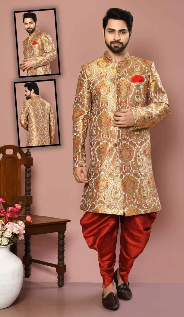 Off White Color Banarasi Silk Stone And Zari Work Wedding Wear Designer Men's Sherwani -6018166379