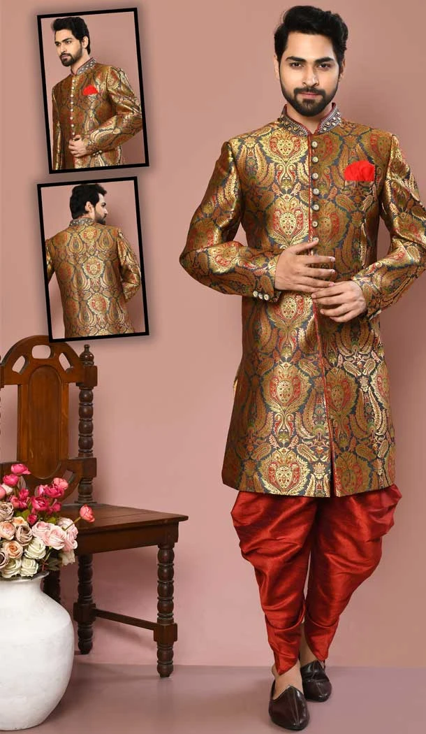 Dark Grey Color Banarasi Silk Stone And Zari Work Wedding Wear Designer Men's Sherwani -6018166380